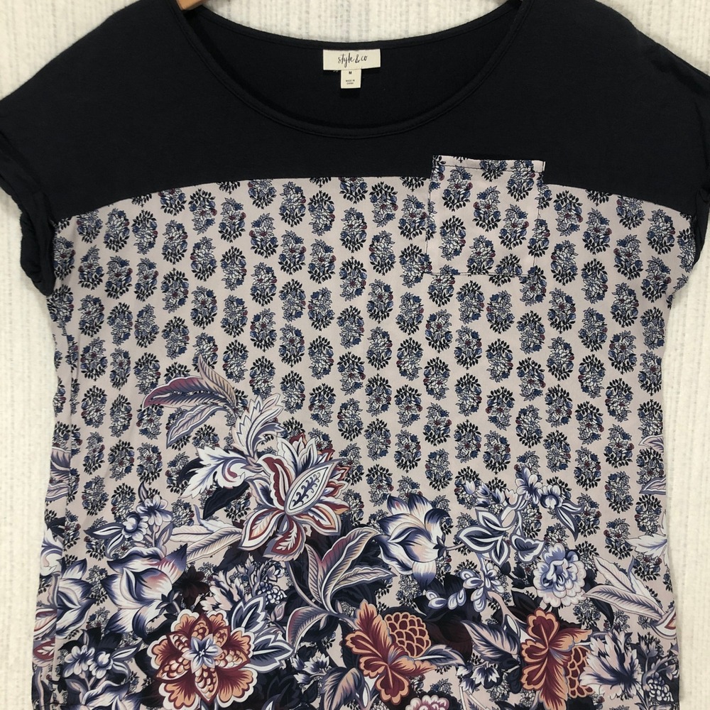 Style & Co Womens Medium Navy Blue Floral Mixed Media Pocket Top Short Sleeve